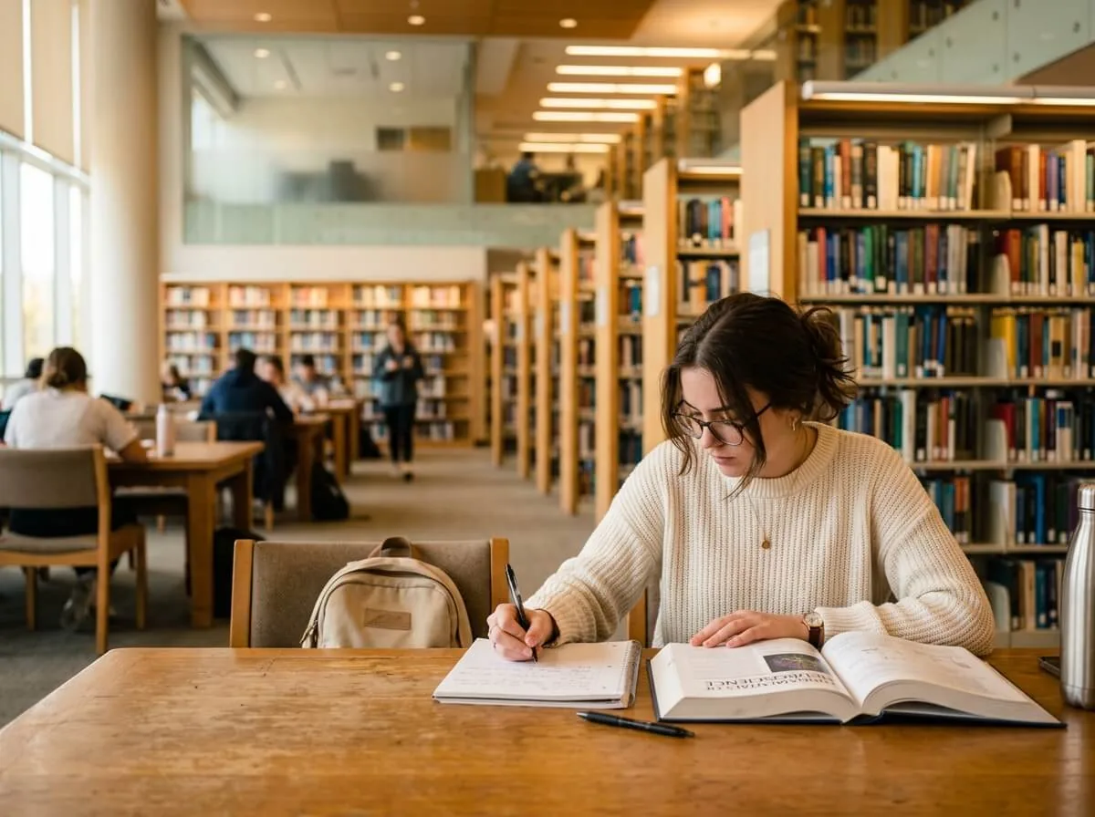 Student reading in modern university library